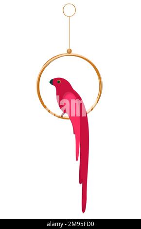 Parrot on a perch. A pink parrot sits on a ringlet. Poultry. Vector isolated illustration. Stock Vector