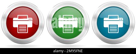 Printer, print, office vector icon set. Red, blue and green silver metallic web buttons with chrome border Stock Vector