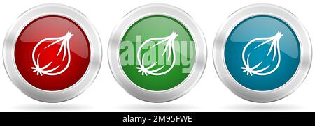 Fresh onion, vegetable vector icon set. Red, blue and green silver metallic web buttons with chrome border Stock Vector
