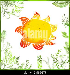 Sun and grass watercolor. Hello summer and spring. Vector illustration Stock Vector