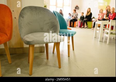 The interior of a primary school, a preschool with furniture and basic items for children's development, bright colors of the interior of the rooms. Stock Photo