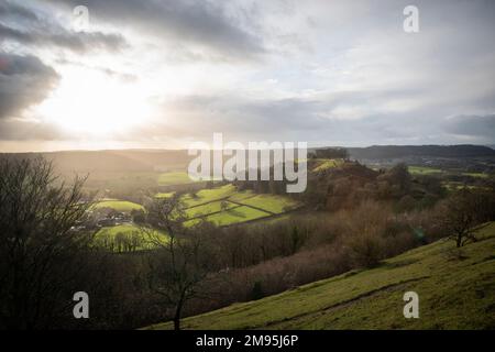 Uley Iron Age hill fort near the village of Uley in the Gloucestershire Cotswolds, UK Stock Photo