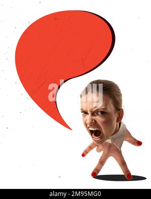 Shouting boss. Contemporary art collage with woman's head on human hand instead body and legs like office clerk white collar. Hand-thing. Creative Stock Photo