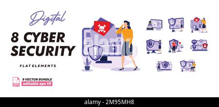 Cyber security bundle of isometric elements. Fingerprint scanner, padlock, password, firewall, data folder, electronic security key isolated icons. bu Stock Vector