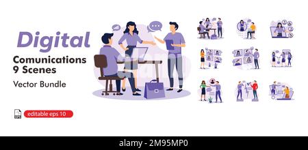 Team communication abstract concept vector illustration set. Meeting and brainstorm, online meetup, corporate presentation, creative ideas and solutio Stock Vector