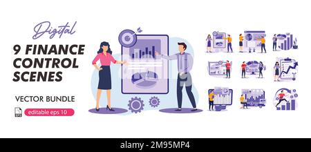 Stock market, finance, capital investment concept Illustration set. Scenes with people trading on the stock exchange.business flat bundle illustration Stock Vector