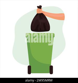 Hands holding garbage bags and trash bins, recycled icons, with a blue background flat design vector illustration Stock Vector