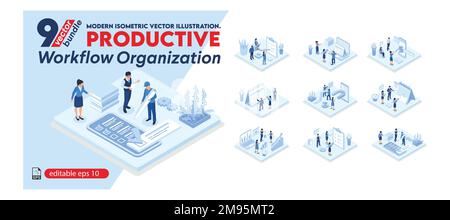 Productive Workflow Organization. Collection of scenes with people organizing and improving their workflow and workplace. business isometric bundle il Stock Vector