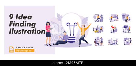 Idea finding illustration set. Characters standing near light bulbs and celebrating success. People generating creative business ideas. Business solut Stock Vector