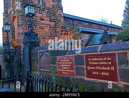 Three jubilee commemorative plaques , on the entrance to St Wilfrids church, Church lane, Grappenhall, Warrington, Cheshire, England, UK, WA4 3EP Stock Photo