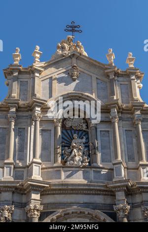 The facade of the Cathedral of Sant'Agata has three composite orders in the Corinthian style, and an attic completely in Carrara marble. Catania Stock Photo