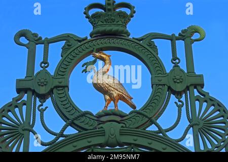 Gold Liverbird on the top of the Liverpool Sailors' home gateway, Liverpool One shopping area, Paradise St, Liverpool, Merseyside, England, UK, L1 3EB Stock Photo