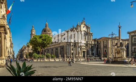 Piazza Duomo, the Basilica Cathedral of Sant'Agata, the obelisk of the elephant are all symbols of the city of Catania. Catania, Sicily, Italy, Europe Stock Photo