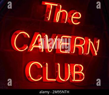 Neon sign at Cavern Walks, The Cavern Club, pub and other venues, 10 Mathew St, Liverpool, Merseyside, England, UK, L2 6RE Stock Photo