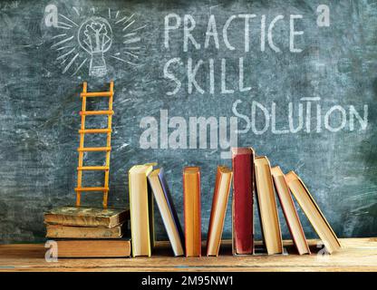 Stack of hardback books with slogan impossible is impossible on blackboard.Learning,education,development, ladder of sucess and back to school concept Stock Photo