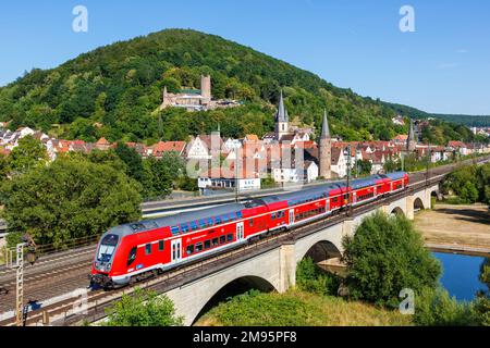 Gemuenden am Main, Germany - August 3, 2022: Regional train type Bombardier Twindexx Vario of Deutsche Bahn DB Regio bilevel rail car in Gemuenden am Stock Photo