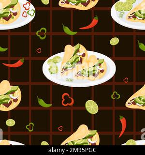 Seamless pattern with latin american food. Mexican Tacos in plate with lime slices on dark background with chili peppers. Vector illustration. Endless Stock Vector