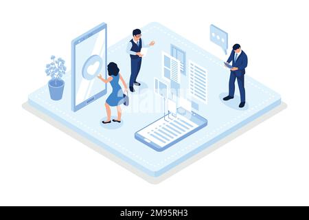 Characters integrating with audience on social media platform and using marketing strategy to increase followers, isometric vector modern illustration Stock Vector