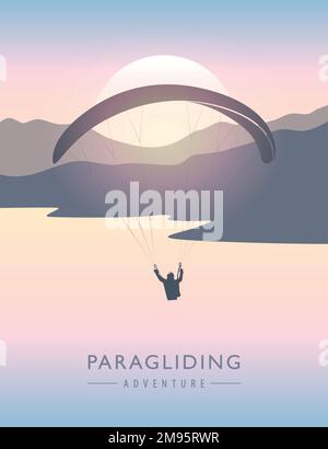 paragliding adventure paraglider silhouette on mountain and see landscape Stock Vector