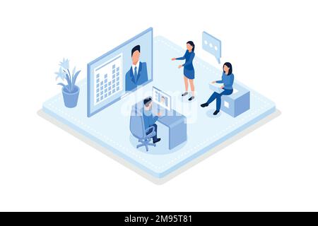 Technical support teams working together to build an engineering system. Software development and it operations concept, isometric vector modern illus Stock Vector