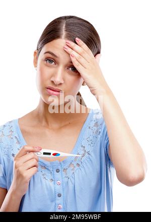 Portrait, confused and pregnant woman pregnancy test in studio, bad and worry on white background. Pregnancy, stress and girl with anxiety, shocked Stock Photo