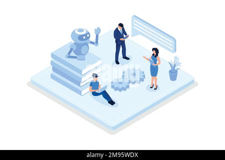 Customers having dialog with chatbot on smartphones, AI assistant support and FAQ concept, isometric vector modern illustration Stock Vector