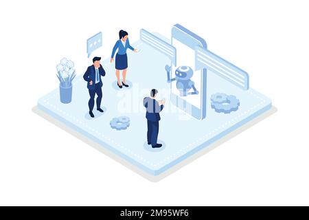 Characters chatting with robot, AI assistant support and FAQ concept, isometric vector modern illustration Stock Vector