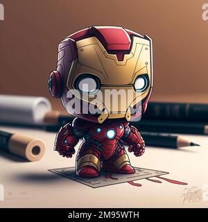 3 ILLUSTRATIONS IN CARTOON STYLE, IRON MAN FUNKO POP, DONUT WITH PINK FROSTING PEACHING, GHOST WRITING.All the works were made with adobe illustrator Stock Photo