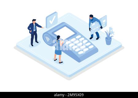 Characters safety paying with credit card online on smartphone, Electronic money security concept, isometric vector modern illustration Stock Vector