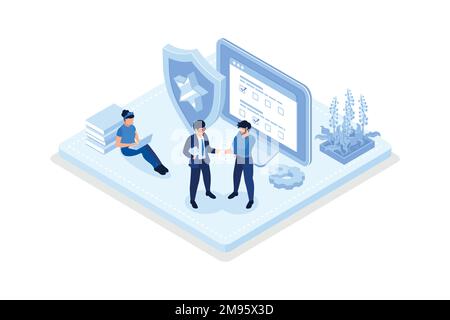 Characters safety paying with credit card online on laptop , Electronic money security concept, isometric vector modern illustration Stock Vector