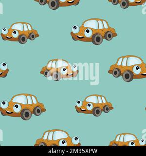 Seamless pattern with cute car on color background. Cartoot transport. Vector illustration. Doodle style. Design for baby print, invitation, poster Stock Vector