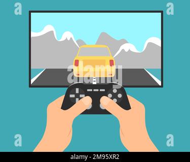 Flat design illustration of male hands, tv set and game controller. Player playing car racing video game - vector Stock Vector