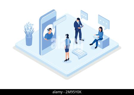 Student studying with smartphone, Online education concept, isometric vector modern illustration Stock Vector