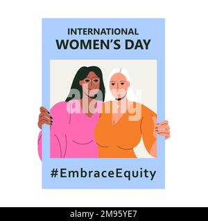 Embrace Equity is campaign theme of International Women's Day 2023. Women  are hugging herself. Stock Vector