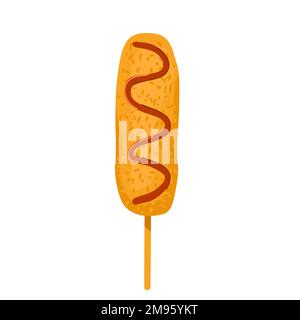 Corndog on stick cute color icon. Korean street fast food. Asian hot dog sausage fried in bread crumbs with ketchup. Popular snack isolated on white. Vector illustration. Stock Vector