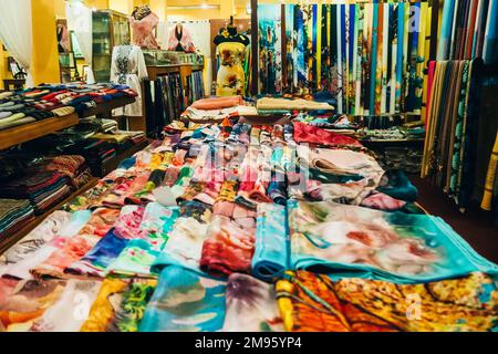 MUI NE, VIETNAM - MARCH 3, 2017: Silk scarves in the shop in Mui Ne, Vietnam Stock Photo