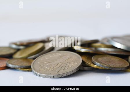 Den Helder, Netherlands. January 2023. Old European coins. High quality photo Stock Photo