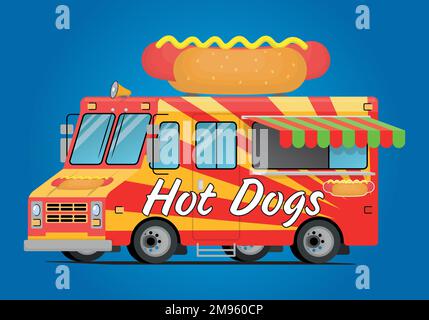 food truck with classic hot dogs in illustration Stock Vector