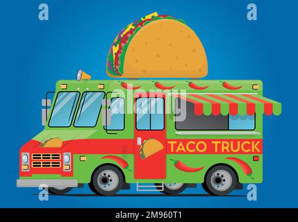 food truck with spicy mexican tacos in illustration Stock Vector