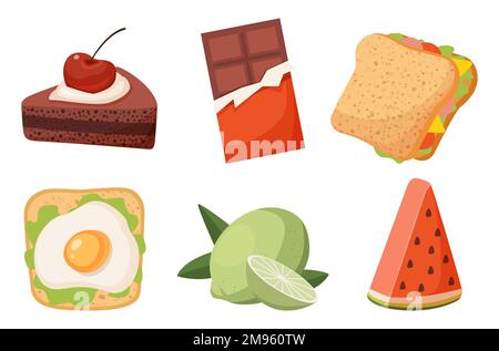 set of products toast with scrambled eggs sandwich lemon lime piece of cake chocolate bar and a slice of watermelon Stock Vector