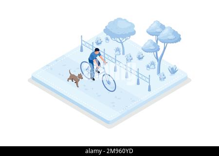 Character walking and biking with dogs, Pet care concept, isometric vector modern illustration Stock Vector