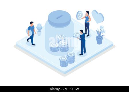 Volunteers putting coins in donation box and donating with credit card online. Financial support and fundraising concept, isometric vector modern illu Stock Vector