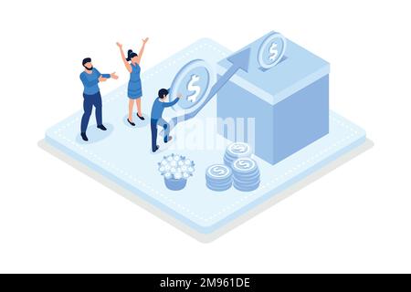 Volunteers putting coins in donation box and donating with credit card online. Financial support and fundraising concept, isometric vector modern illu Stock Vector