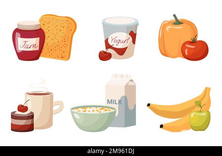 set food bowl with cereal and milk vegetables fruit cup of coffee and cake jar with jam and toast and cherry yogurt Stock Vector