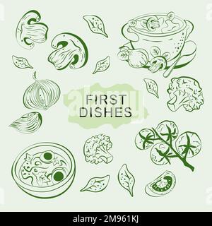 first courses vector hand drawing illustration soup cherry tomatoes mushrooms Stock Vector