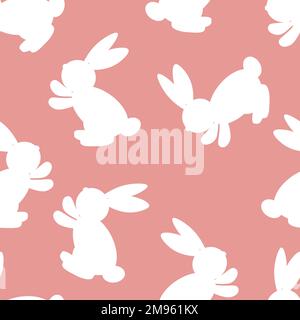 Seamless pattern with white silhouette Easter rabbits on pink background. Design for card, postcard, wallpaper, fabric, textile. Vector stock Stock Vector