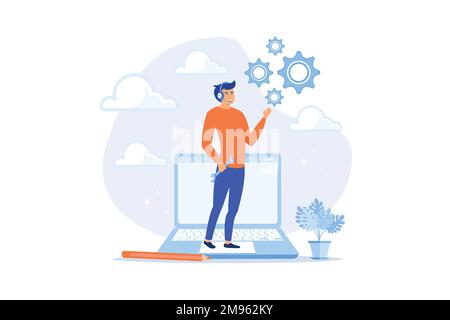 Support staff help fixing technical problem, help desk or operator with phone call or chat to assist customer concept, flat vector modern illustration Stock Vector