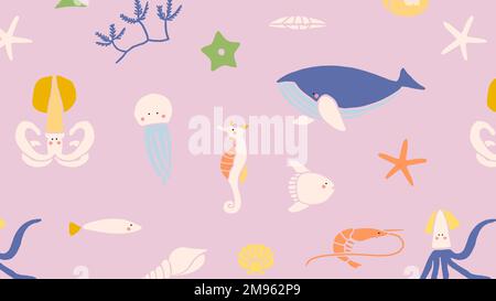 Hand drawn underwater animals seamless pattern vector Stock Vector