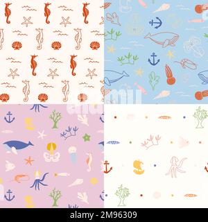Underwater animals seamless pattern collection vector Stock Vector
