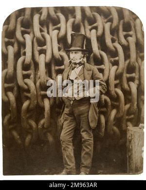 Isambard Kingdom Brunel (1806 - 1859), designer and builder of railroads, bridges, tunnels, steamships, docks &c. pictured in front of the launching chain of the Great Eastern. Stock Photo